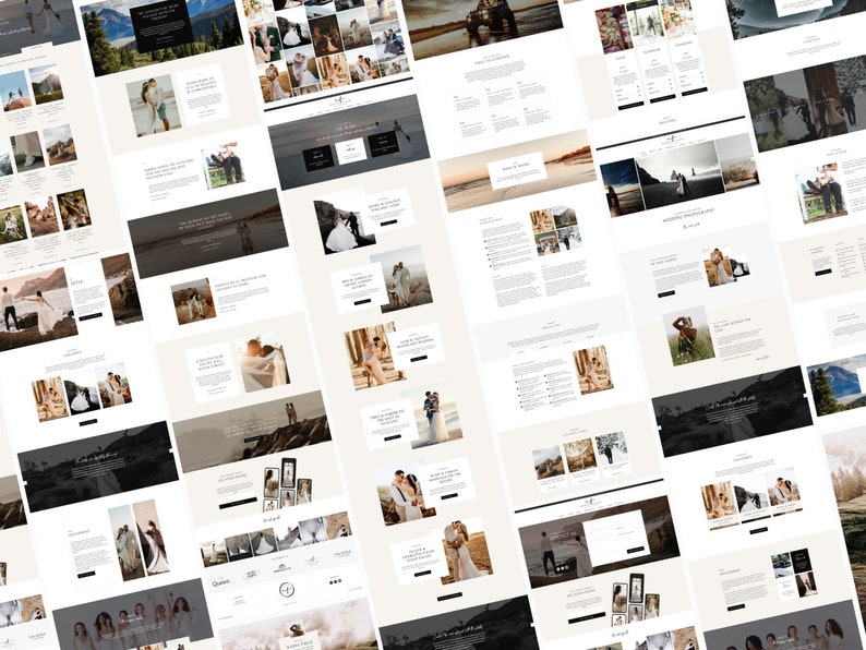 K&ouml;nnte beinhalten: Eine Sammlung von Website-Screenshots, die ein Fotografie-Portfolio pr&auml;sentieren. Die Website zeichnet sich durch ein minimalistisches Design aus, das sich auf die Pr&auml;sentation von Bildern von Paaren in verschiedenen Umgebungen konzentriert, darunter Berge, Str&auml;nde und W&auml;lder. Die Website enth&auml;lt auch Text &uuml;ber die Dienstleistungen des Fotografen und Kontaktinformationen.