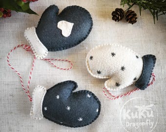 Christmas mittens ornament. Handmade felt hanging decoration.