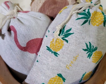 Pair of XL Cedar Sachets,  flamingo and pineapple print,  natural moth-repellent sachets for drawers and closets,  housewarming gift