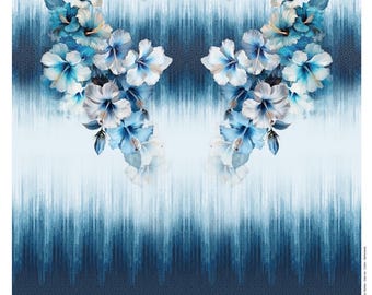 May include: A fabric panel featuring a floral design with blue and white hibiscus flowers. The background has a gradient effect, transitioning from light blue to dark blue. The panel size is 150 x 150 cm.