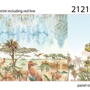 Puede incluir: Una ilustración de acuarela de una escena de jungla con dinosaurios y palmeras. El texto "The World of Dinosaurs" está en letras doradas sobre un fondo azul. El tamaño del panel es de 75 x 150 cm.