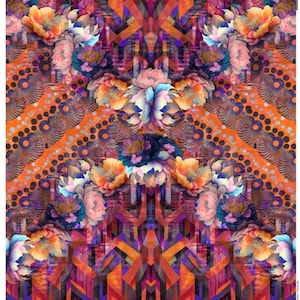 Può includere: Un motivo astratto colorato con forme geometriche e disegni floreali in tonalità di arancione, viola, rosa e blu. Il motivo è simmetrico e ha un design ripetitivo.