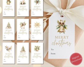 Printable Watercolor Christmas Gift Tags Set: Gold, Red & Green Holiday Labels | Instant Download