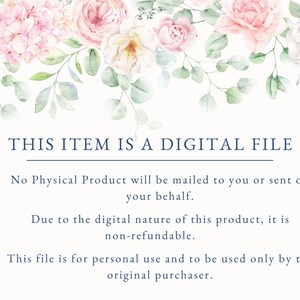 Puede incluir: Anuncio de archivo digital con dise&ntilde;o floral. La parte superior de la imagen presenta rosas de acuarela en tonos rosa y blanco, con hojas verdes. El texto "THIS ITEM IS A DIGITAL FILE" est&aacute; centrado debajo del arreglo floral.