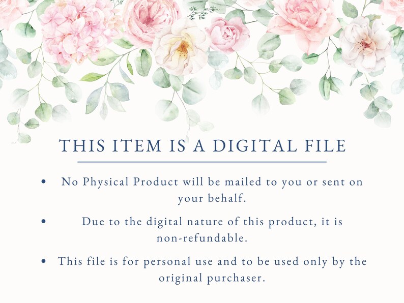 Puede incluir: Anuncio de archivo digital con dise&ntilde;o floral. La parte superior de la imagen presenta rosas de acuarela en tonos rosa y blanco, con hojas verdes. El texto "THIS ITEM IS A DIGITAL FILE" est&aacute; centrado debajo del arreglo floral.