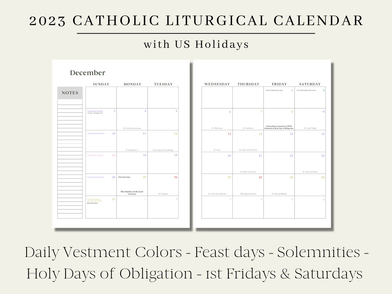 2023 Catholic Calendar Printable/ Catholic Liturgical Calendar/ 2pg