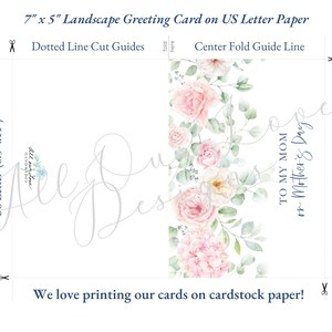Puede incluir: Una tarjeta de felicitaci&oacute;n horizontal con un dise&ntilde;o floral, con rosas rosas y vegetaci&oacute;n. La tarjeta mide 17,78 cm x 12,7 cm y est&aacute; impresa en papel US Letter. El texto incluye "To My Mom or Mother's Day".