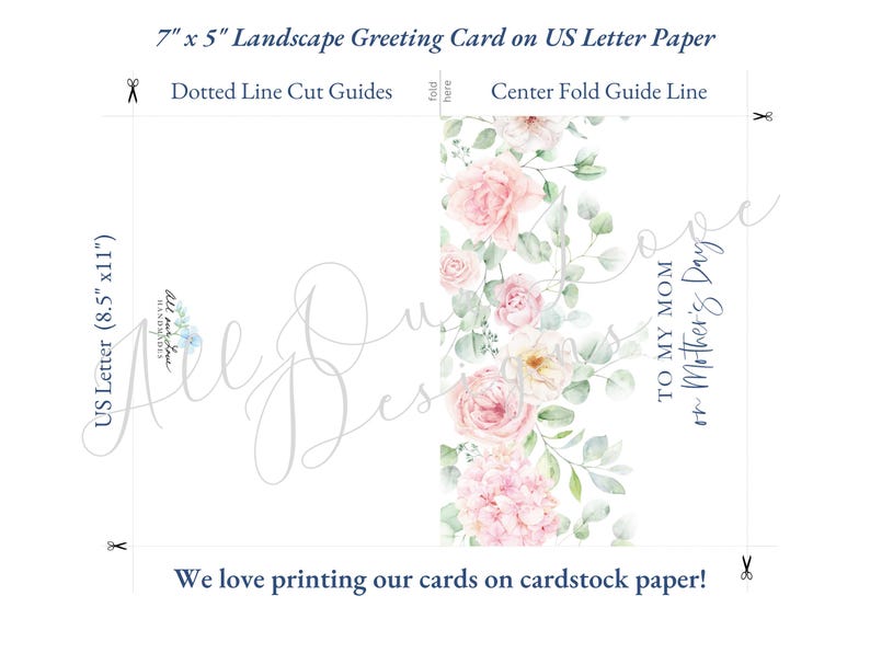 Puede incluir: Una tarjeta de felicitaci&oacute;n horizontal con un dise&ntilde;o floral, con rosas rosas y vegetaci&oacute;n. La tarjeta mide 17,78 cm x 12,7 cm y est&aacute; impresa en papel US Letter. El texto incluye "To My Mom or Mother's Day".