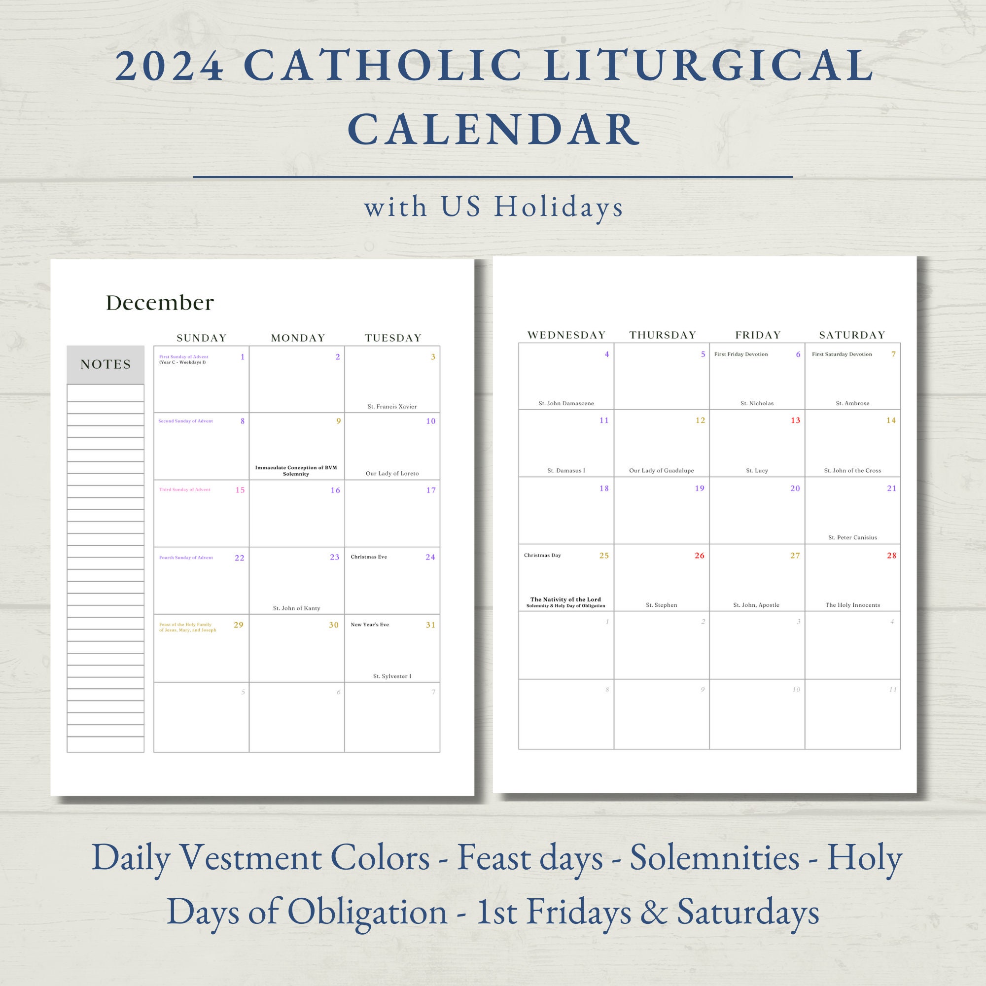 2024 Catholic Liturgical Calendar Printable w/ Freebies Etsy