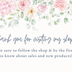 Puede incluir: Imagen decorativa con rosas rosas y blancas, hojas verdes y el texto manuscrito "thank you for visiting my shop!". El texto tambi&eacute;n anima a seguir la tienda para conocer las rebajas y los nuevos productos.