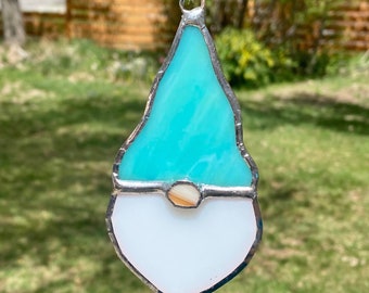 Handcrafted Teal Stained Glass Gnome Suncatcher: Add Whimsy and Charm to Your Home