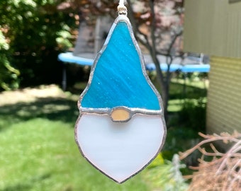 Handcrafted blue Stained Glass Gnome Suncatcher: Add Whimsy and Charm to Your Home