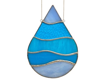 Blue Water Drop Stained Glass Window Hanging, Tear Drop Suncatcher