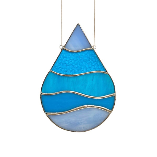 Blue Water Drop Stained Glass Window Hanging, Tear Drop Suncatcher