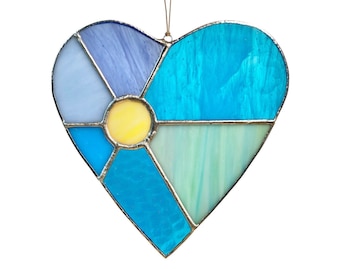 Sunshine Blue Heart Stained Glass Window Hanging, Sunshine Heart Suncatcher