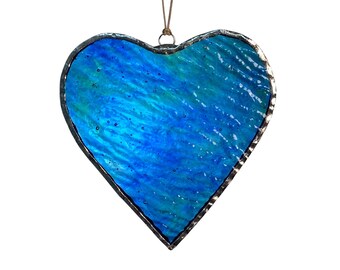 H&D HYALINE & DORA Suncatcher Glass Art Ornament,Stained Glass Window Hangings Heart Shaped Decor Rainbow Art,Blue 