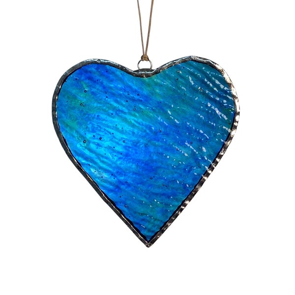 Blue Heart Stained Glass Window Hanging, Heart Suncatcher