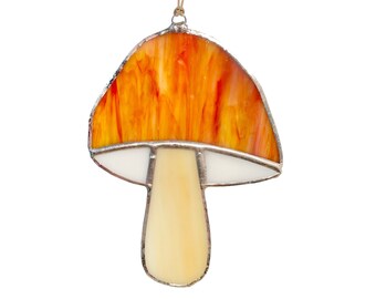 Orange Mushroom Stained Glass Window Hanging, Mushroom Suncatcher