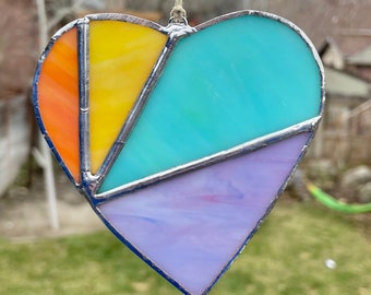 Rainbow Heart Stained Glass Window Hanging Suncatcher