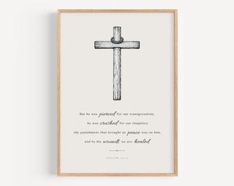 Isaiah 53:5  Wall Art Printable, Christian Cross Print, Crown of Thorns, Bible Verse Decor, Scripture Poster, Easter Wall Art Download