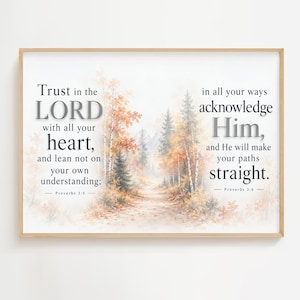 Proverbios 3:5-6 Arte mural cristiano, Versículo bíblico "Confía en el Señor" para imprimir, Decoración otoñal con escrituras, Impresión de fe en acuarela
