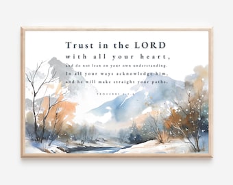 Księga Przysłów 3:5-6, pejzaż akwarelowy, chrześcijańska sztuka ścienna (wydruk cyfrowy)
