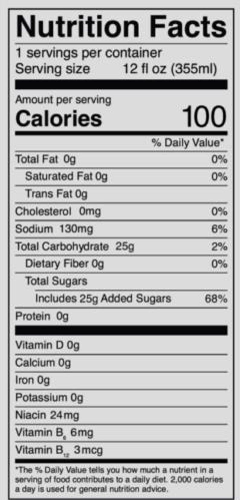 May include: Nutrition Facts label for a 12 fl oz (355 ml) serving of a beverage. The label shows the calories, fat, cholesterol, sodium, carbohydrates, fiber, sugars, protein, vitamin D, calcium, iron, potassium, niacin, vitamin B6, and vitamin B12 per serving. The label also includes the % Daily Value for each nutrient.