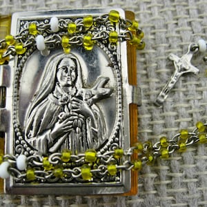 Tiny Glass Bead Rosary with Saint Therese of Lisieux Glass Case