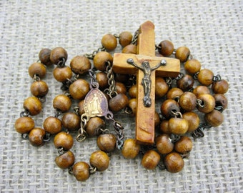 Antique Olive Wood Bead Rosary with Miraculous Medal Centerpiece, from Bethlehem