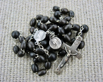 Wood Bead Rosary with Our Lady of Lourdes Medal, from France