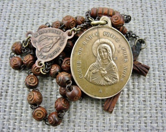 Antique Chaplet of the Sacred Heart with Carved Corozo Beads and Cross with Miraculous Medal Centerpiece