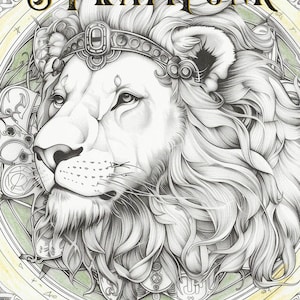 May include: A black and white illustration of a lion's head with intricate steampunk details. The lion is wearing a crown with gears and cogs. The background is a circular design with gears and other steampunk elements. The text "STEAMPUNK COLORING BOOK" is at the top of the image.