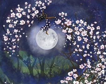 Handgemachte Stardust Grußkarte: Mond & Kirschblüten