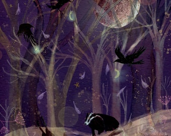 Woodland Moon Grußkarte: Dachs, Krähe, Umweltfreundlich