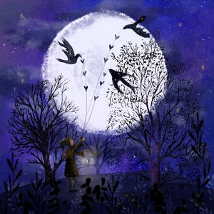 May include: A watercolour painting depicting a whimsical scene with a full moon, three birds in flight, and a person holding a lantern. The sky is a deep purple with stars and the trees are silhouetted against the moon.