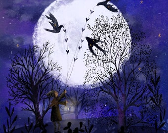 Wanderer des Nachts / handgefertigte Luxus Grußkarte / innen blanko / für jede Gelegenheit / Vollmond / Illustration