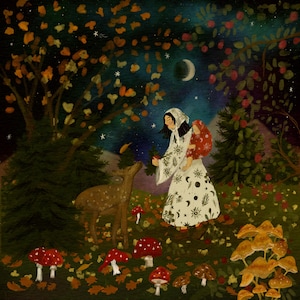 May include: An illustration depicting a woman in a white dress with celestial patterns, carrying a child in a red carrier, in a forest. A deer stands nearby, with red-capped mushrooms and autumn leaves on the ground. The night sky is filled with stars and a crescent moon.
