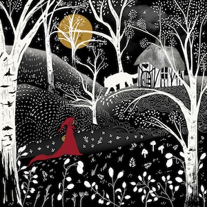 Little Red / luxury handmade greeting card / blank inside /  suit any occasion / Full Moon / Illustration