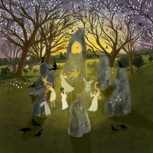 May include: An illustration shows figures in white robes dancing around standing stones. The scene is set in a green field with trees, crows, and a sunset. A golden light shines from the center of the stone circle, creating a mystical atmosphere.