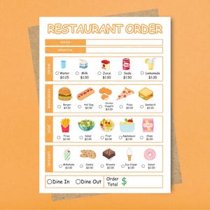 May include: A white restaurant order form with orange borders and text. It features categories for drinks, main dishes, sides, and desserts, each with illustrated food items, names, and prices in dollars. Includes checkboxes for dine in or out.