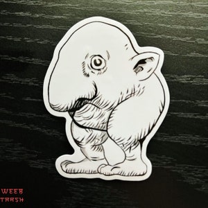 May include: Black and white line drawing of a cartoon creature with a large nose and small ears. The creature is standing on two feet and has a rounded body.