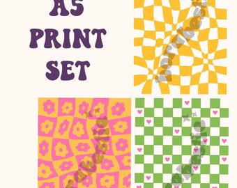 May include: A set of four A5 printable digital papers. The designs include a yellow and white checkered pattern, a pink and yellow checkered pattern with pink flowers, and a green and white checkered pattern with pink hearts.
