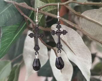 Gothic Cross Earrings / Black Cross Earrings / Terhentuuli Gothic Collection / Earrings with Limited Art Print Card signed by the Artist