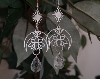 Lunar Lotus Earrings / Moon Goddess Collection / Celestial Earrings with Lotus Flowers / Floral Crescent Moon Earrings / Witchy Jewelry