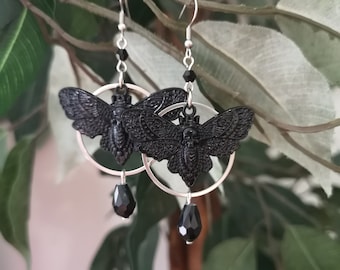 Black Moth Earrings / Death Head Moth Earrings / Insect Jewelry / Circle Earrings / Pagan Earrings / Witchy Gothic Black Crystal Earrings