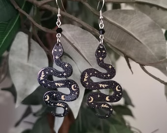 Black Celestial Snake Earrings / Moon Snake Earrings / Stars and Moon Earrings / Serpent Jewelry / Witchy Earrings / Pagan Earrings