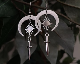 Knight Princess Earrings / Celestial Sword Earrings / Knightcore Jewelry / Medieval Pagan Earrings / Witchy Moon and Stars Earrings