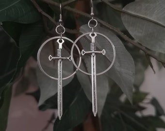 Dagger Earrings / Silver Circle and Sword Earrings / Hypoallergenic Earrings / Gothic Earrings / Witchy Earrings / Antique Sword Jewelry