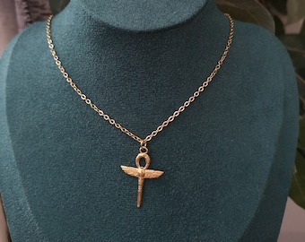 Winged Scarab Ankh Necklace / Ancient Egypt Inspired Jewelry / Ankh Cross Pendant Necklace / Gold-Plated Stainless Steel Necklace