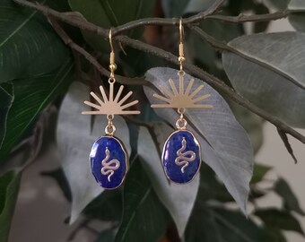 Serpent of Sunrise Earrings / Lapis Lazuli Snake Earrings / Blue Stone Earrings / Celestial Brass Earrings / Hypoallergenic Jewelry